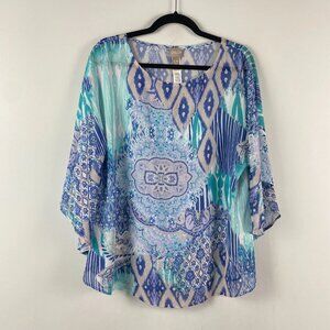 Chicos Poncho Top Size S/M Blue Green Mixed Print Lightweight Sheer